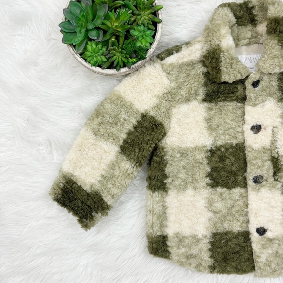 Zara Kids Toddler Fuzzy Sherpa Green Long Sleeves Button Down Jacket Size 2-3 - Picture 3 of 14